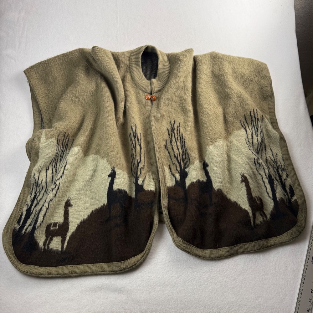 Vintage Llama Landscape Knit Poncho Cape Brown Tan Wool Blend Toggle Wrap